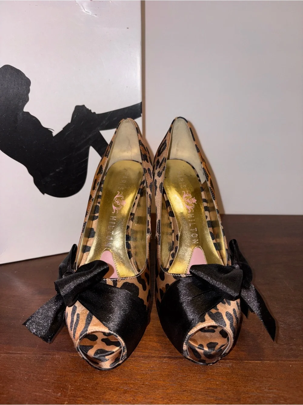 Paris Hilton Leopard Print Peep-Toe Heels with Black Satin Bow